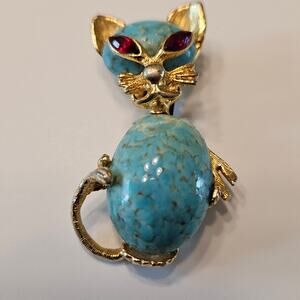 Distinctive Sphinx Cat Brooch:  Gold-Plated, Faux Turquoise, Red Crystal Eyes